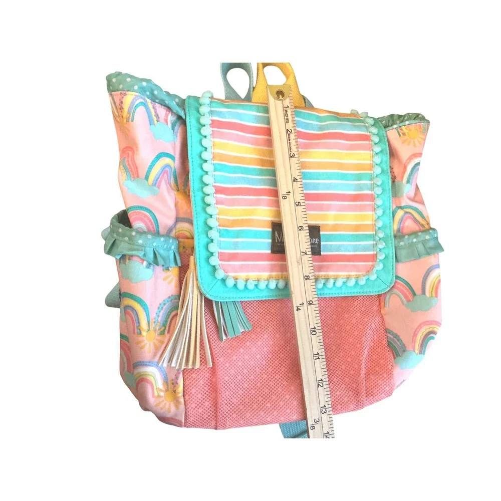 Matilda Jane Rainbow Sun Pink Teal Pom Pom Tassel‎ Drawstring Backpack Bag